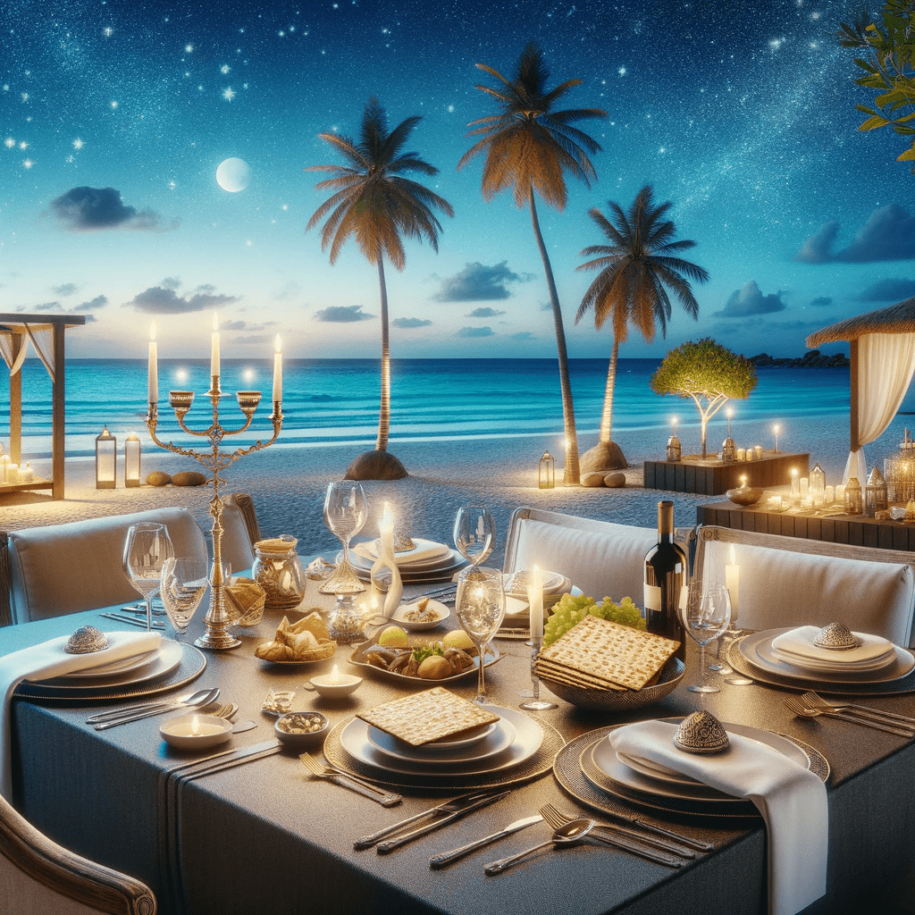 A luxurious Passover program at a beachside resort. The scene depicts a beautifully set outdoor Seder table under the stars, with elegant tableware an